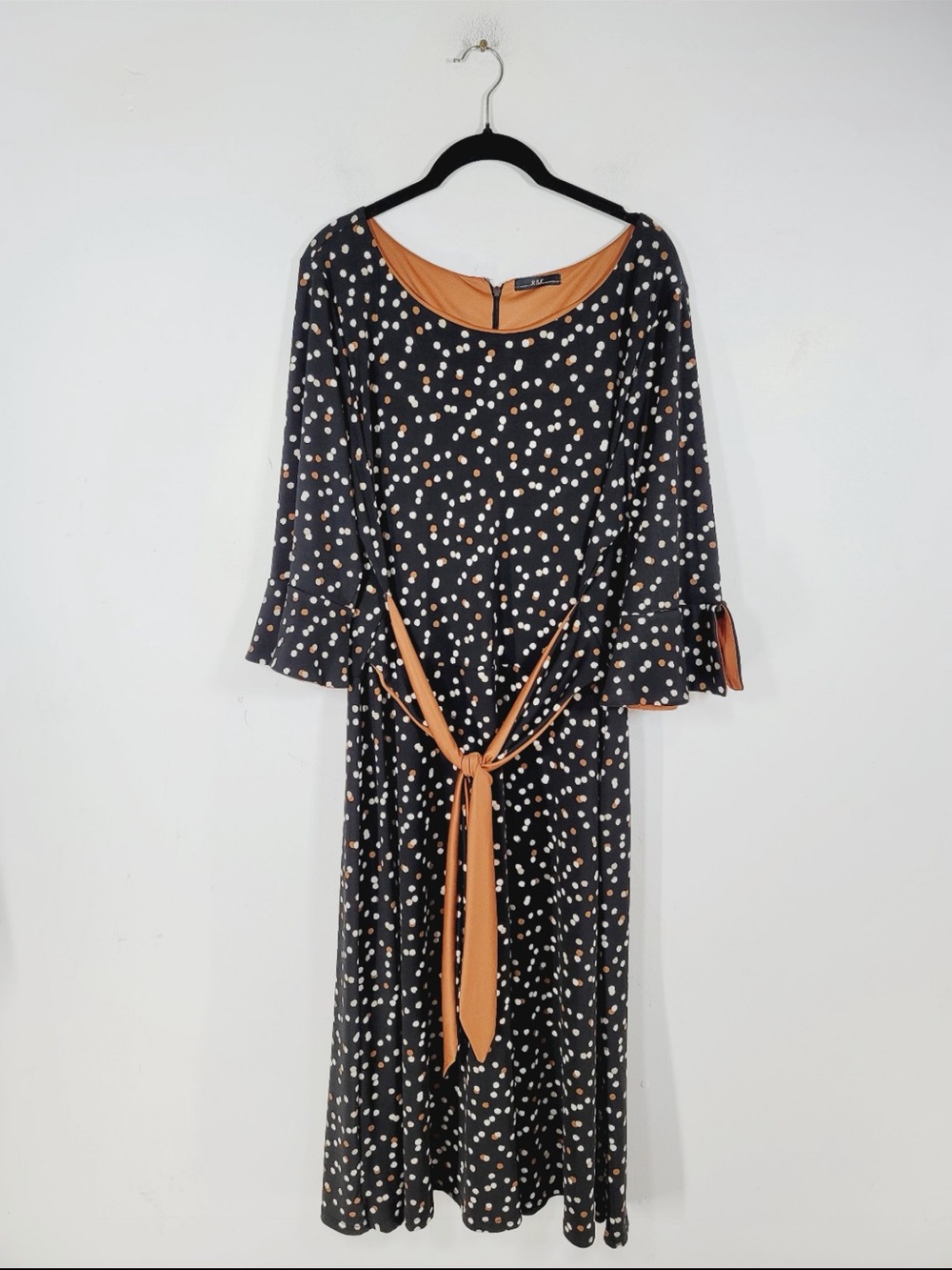 R&K Polka Dot Tie-Waist Midi Dress in Black and Tan, Size Large